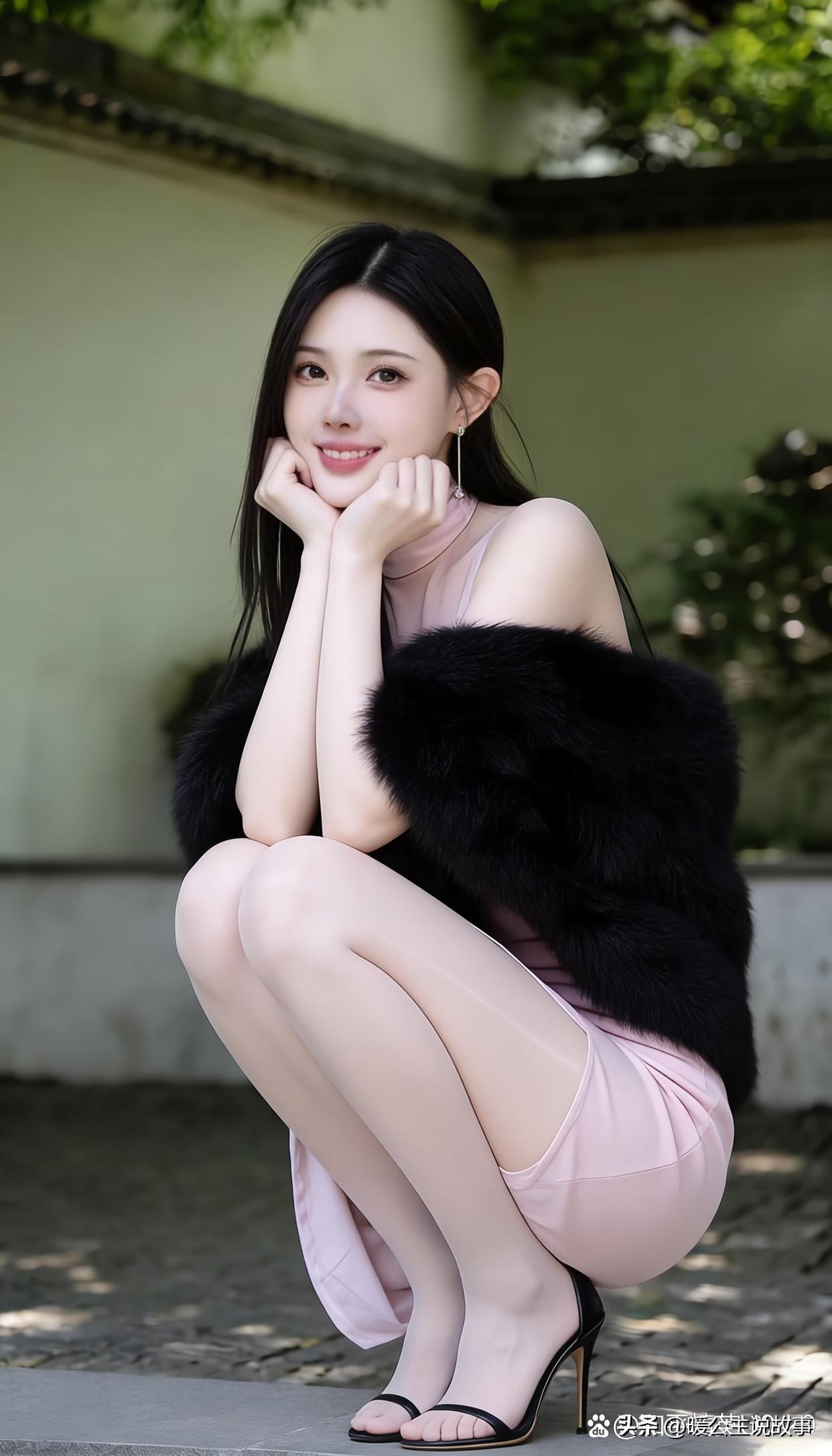 家人们，咱家腿模丝丝又来放送美照啦！瞅瞅这乌黑长发配浅粉开衩长裙，外搭黑色皮草，