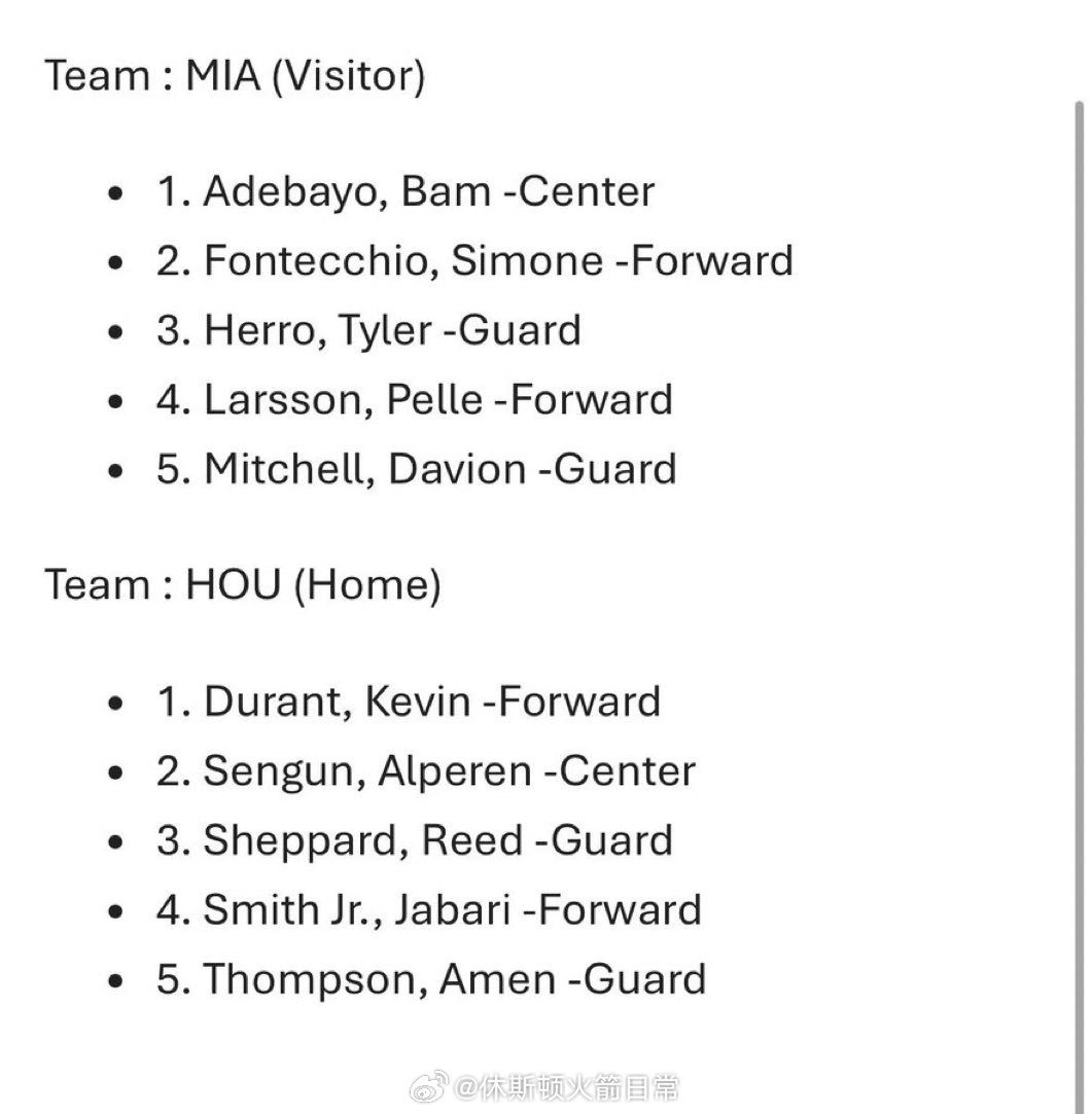 谢泼德今日继续首发！火箭首发：谢泼德、阿门、杜兰特、小贾、申京热火首发：米切尔、