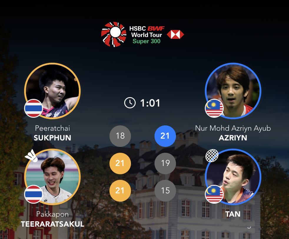 佩拉查伊/帕克卡波🇹🇭 18-21、21-19、21-15 🇲🇾阿兹林/