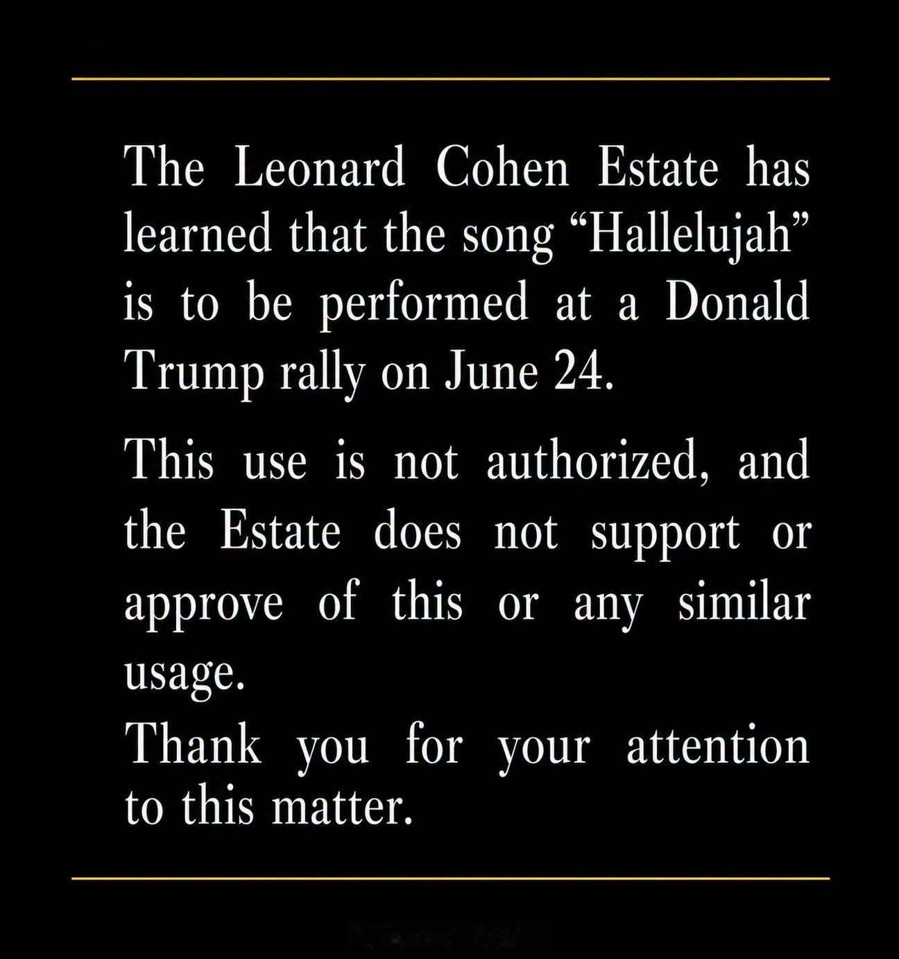 Leonard Cohen遗产管理方发声明：歌曲“Hallelujah”将于6月