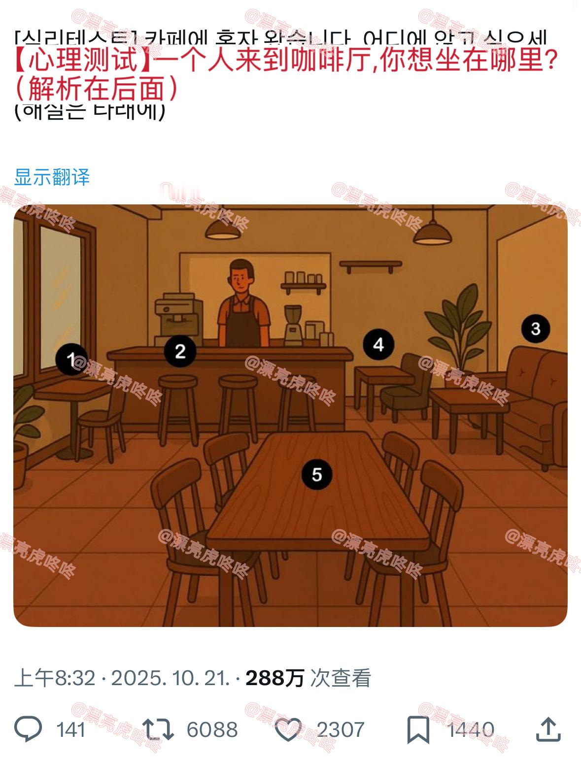【twi】心理测试：一个人来到咖啡厅，你会坐在哪里？ ​​​