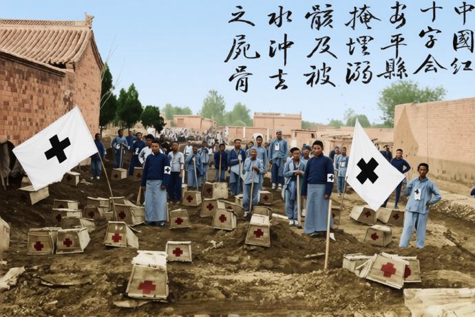 1917年，直隶省安平县，中国红十字会队员在特大水灾之后，掩埋遇难者遗体。
19