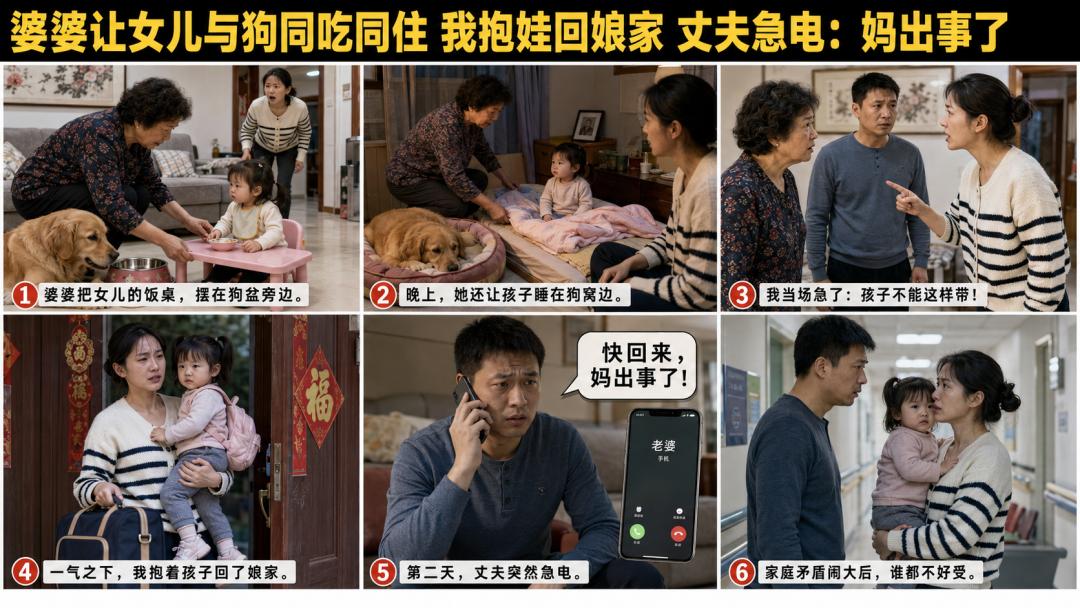 婆婆让女儿与狗同吃同住 我抱娃回娘家 丈夫急电：妈出事了