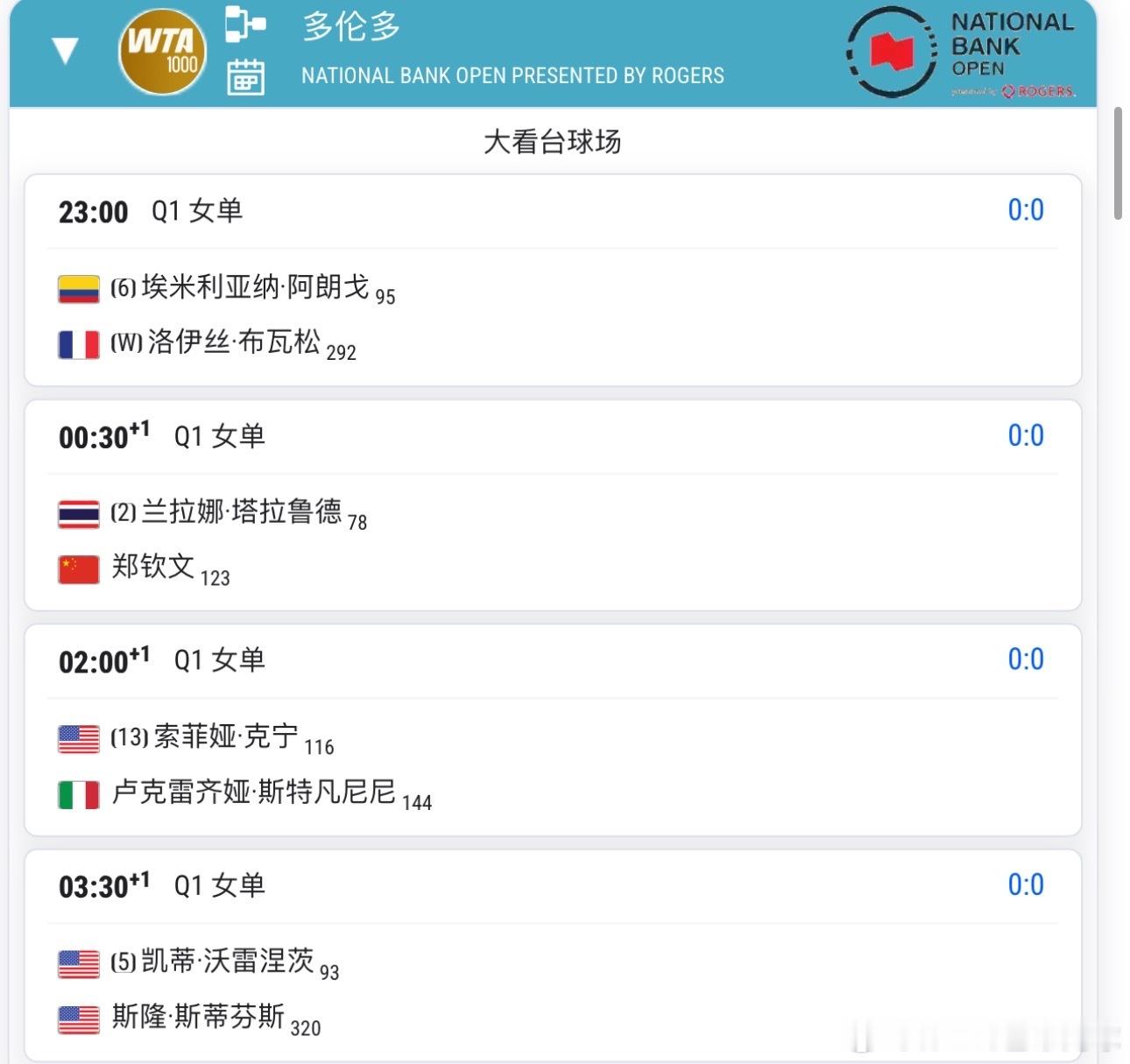 2026WTA1000多伦多站资格赛赛程（直播地址在粉丝群）大看台球场不早于0: