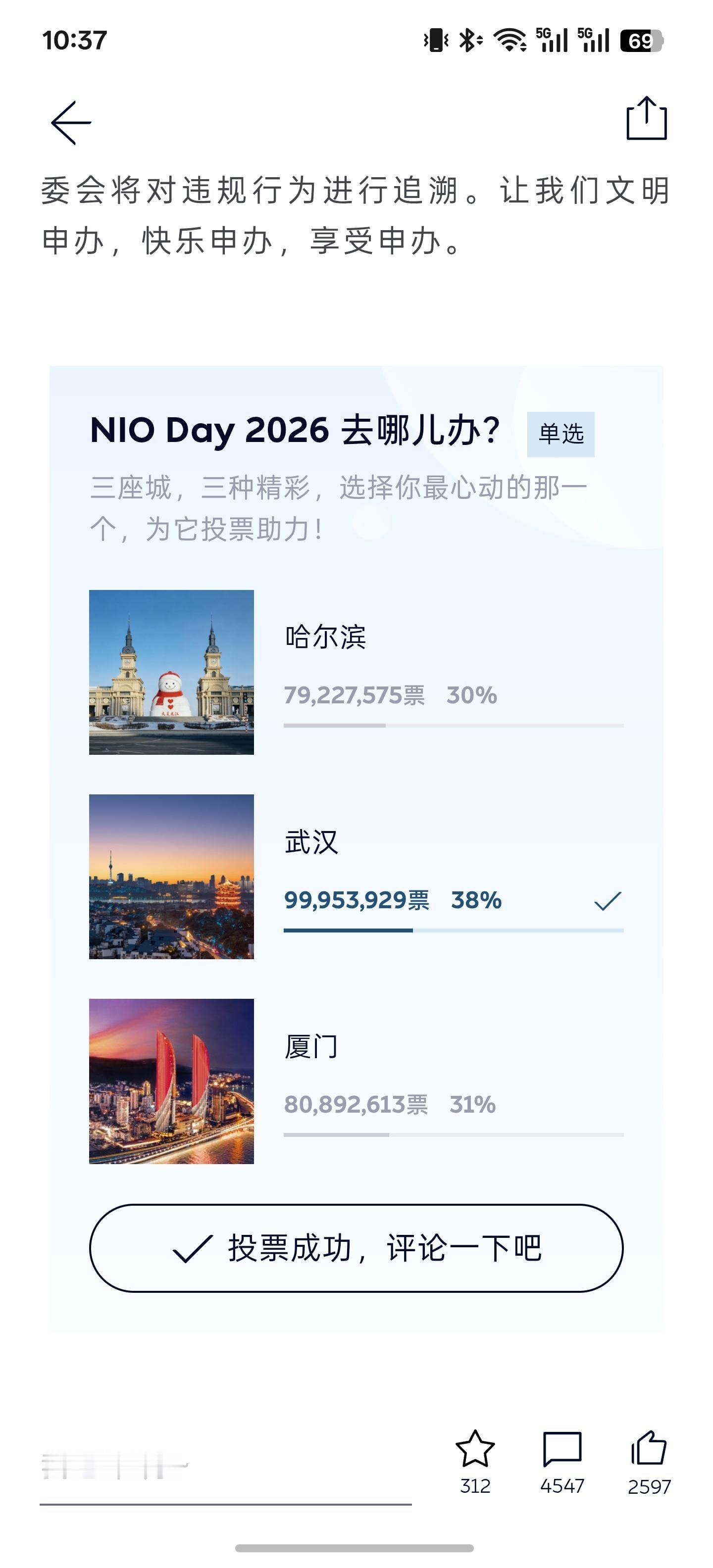 蔚来nioday2026的投票如火如荼的进行中，目前票数情况如下。三个城市都非常