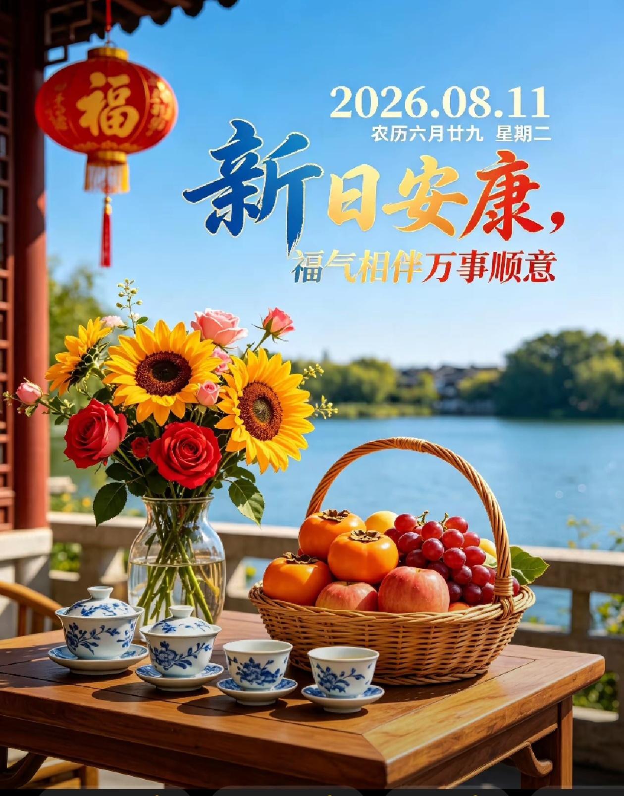 [福]2026年8月11日，轻岚迎曙光，福运绕庭堂。[福]

[微风][太阳]清