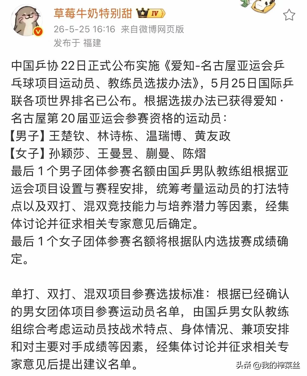 国乒公布了名古屋亚运会名单，男队里没有梁靖崑，女队里没有王艺迪，陈幸同。
男队，