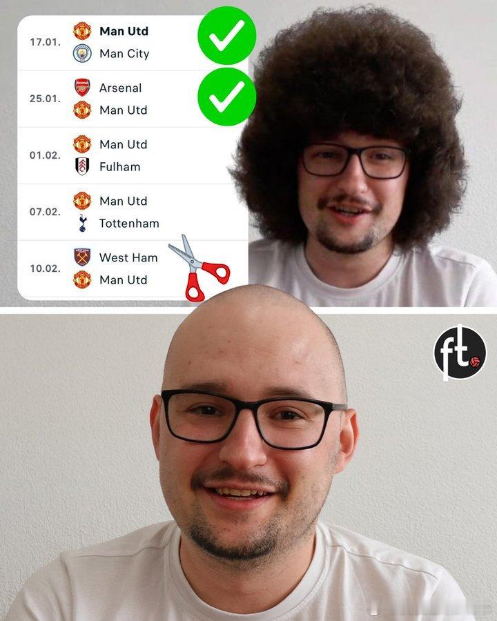 【进度2/5】曼联五连胜才理发的“蓄发哥”距离理发还差三场胜利！阿森纳2比3曼联