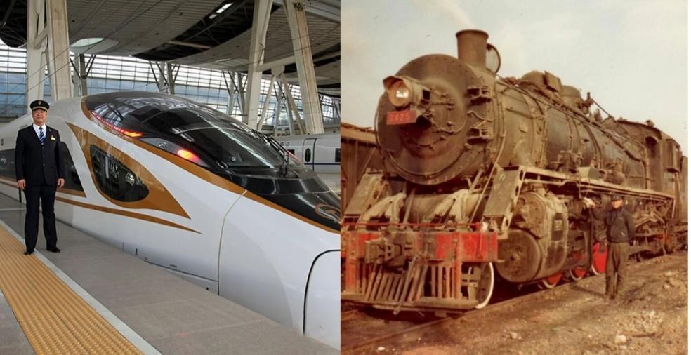 这是一位火车司机相隔26年的对比照片：左边是1998年他驾驶的蒸汽机车，右边是2