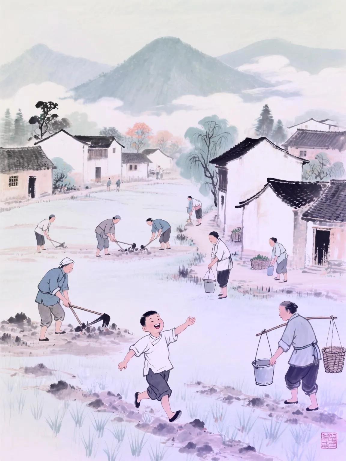 少年除凶记
 
宁静村庄里，村民们各自忙碌，少年在田间嬉笑玩耍，勾勒出祥和日常。