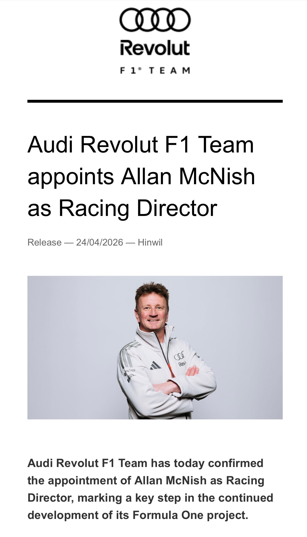 奥迪官宣：阿兰·麦克尼什担任车队赛事总监F12026F1迈阿密大奖赛