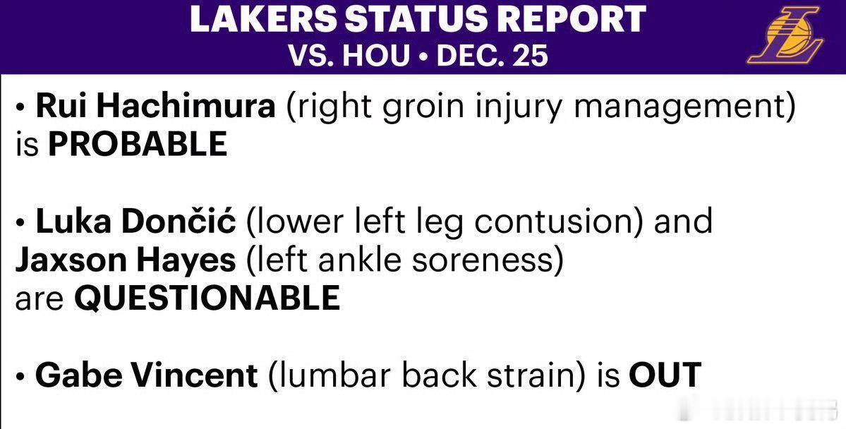 湖人火箭明日伤病名单！湖人迎来两条好消息！火箭一条炸裂消息！湖人火箭圣诞大战伤病