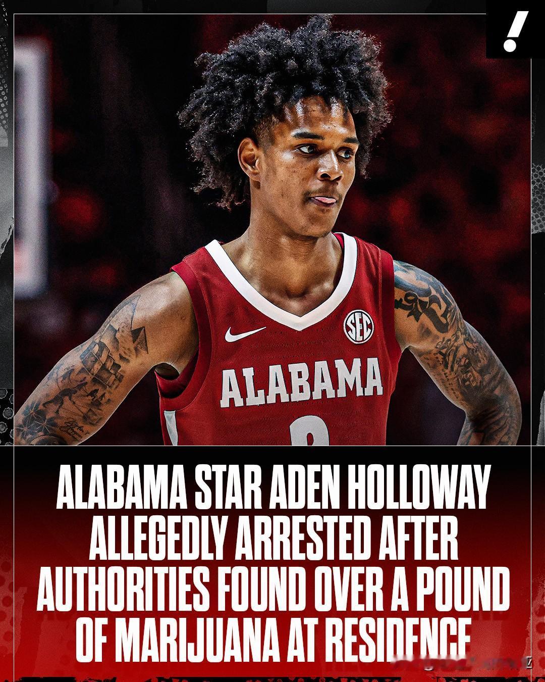 阿拉巴马Aden Holloway已被带离校园，等待进一步调查，他将离开球队，直