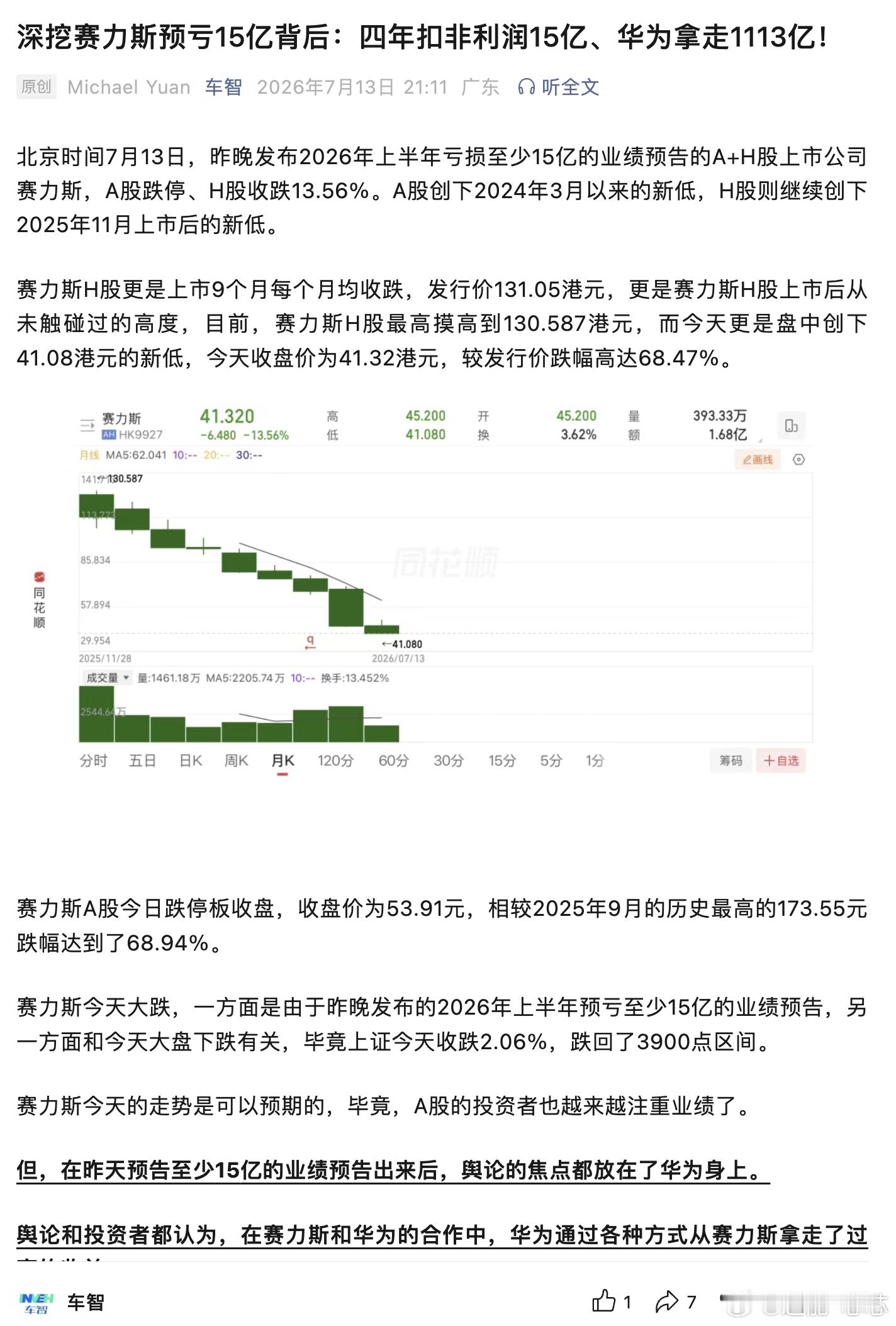 这个博主认为，赛力斯的钱都被。赚走了 