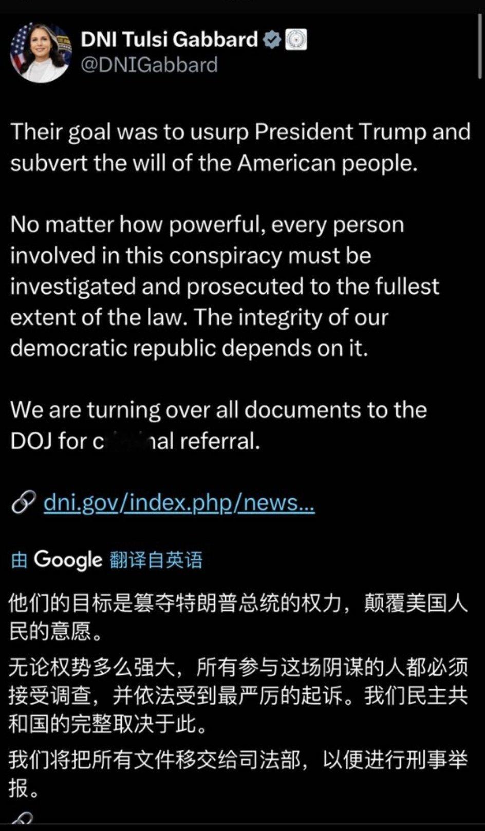 情报总监图尔西·加巴德：他们的目标是篡夺特朗普总统的权力，颠覆美国人民的意愿。无