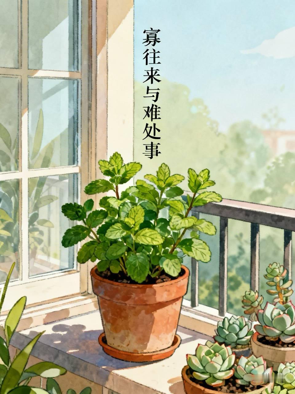 寡往来与难处事

阳台上那盆薄荷，买来时是爆盆的。现在只有几枝瘦梗，举着小小的叶