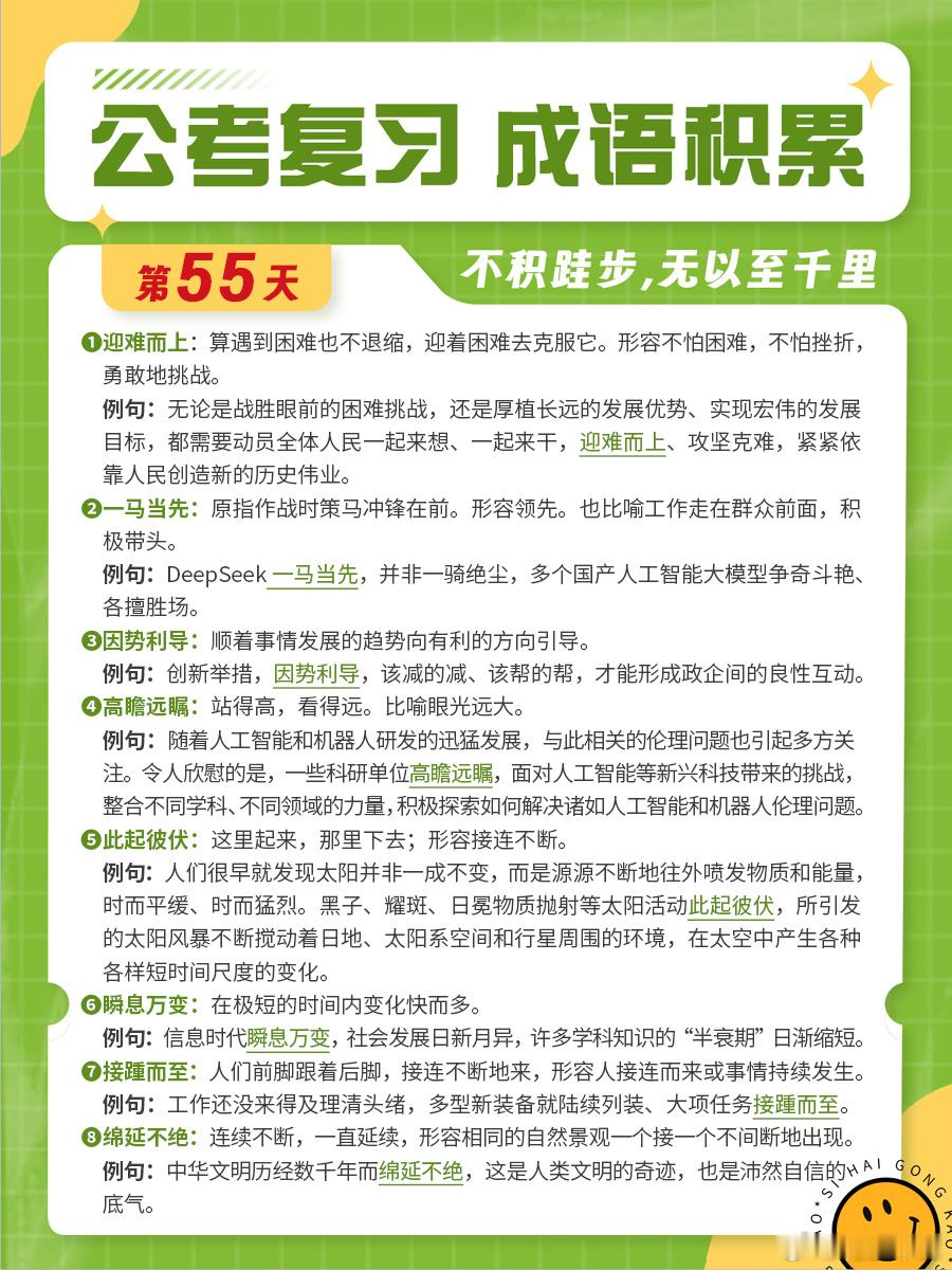 成语积累第五十五天迎难而上 一马当先 因势利导 高瞻远瞩此起彼伏 瞬息万变 接踵