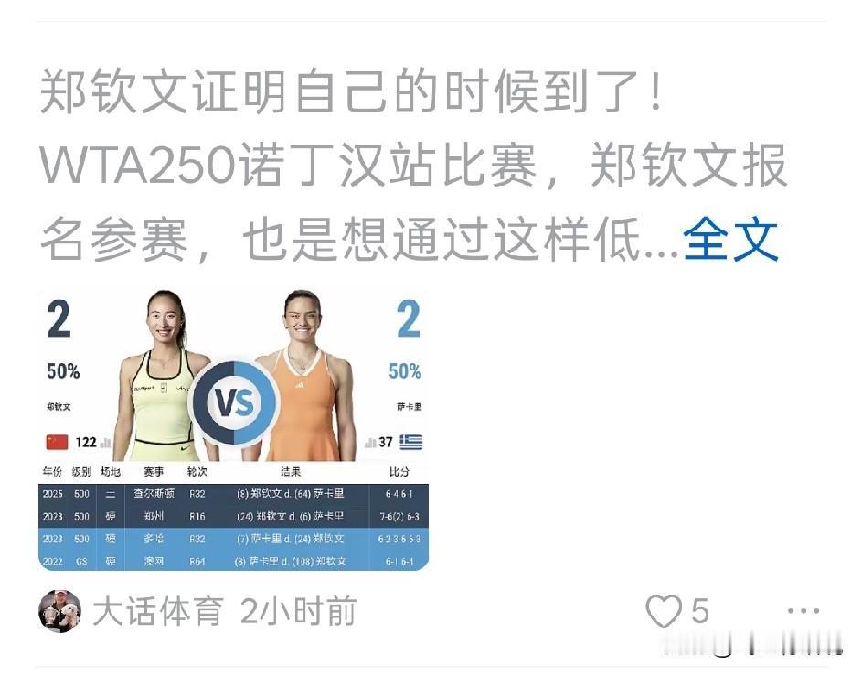 郑钦文前几年打250赛事，都认为是大材小用，应该把精力用到1000赛事或者大满贯