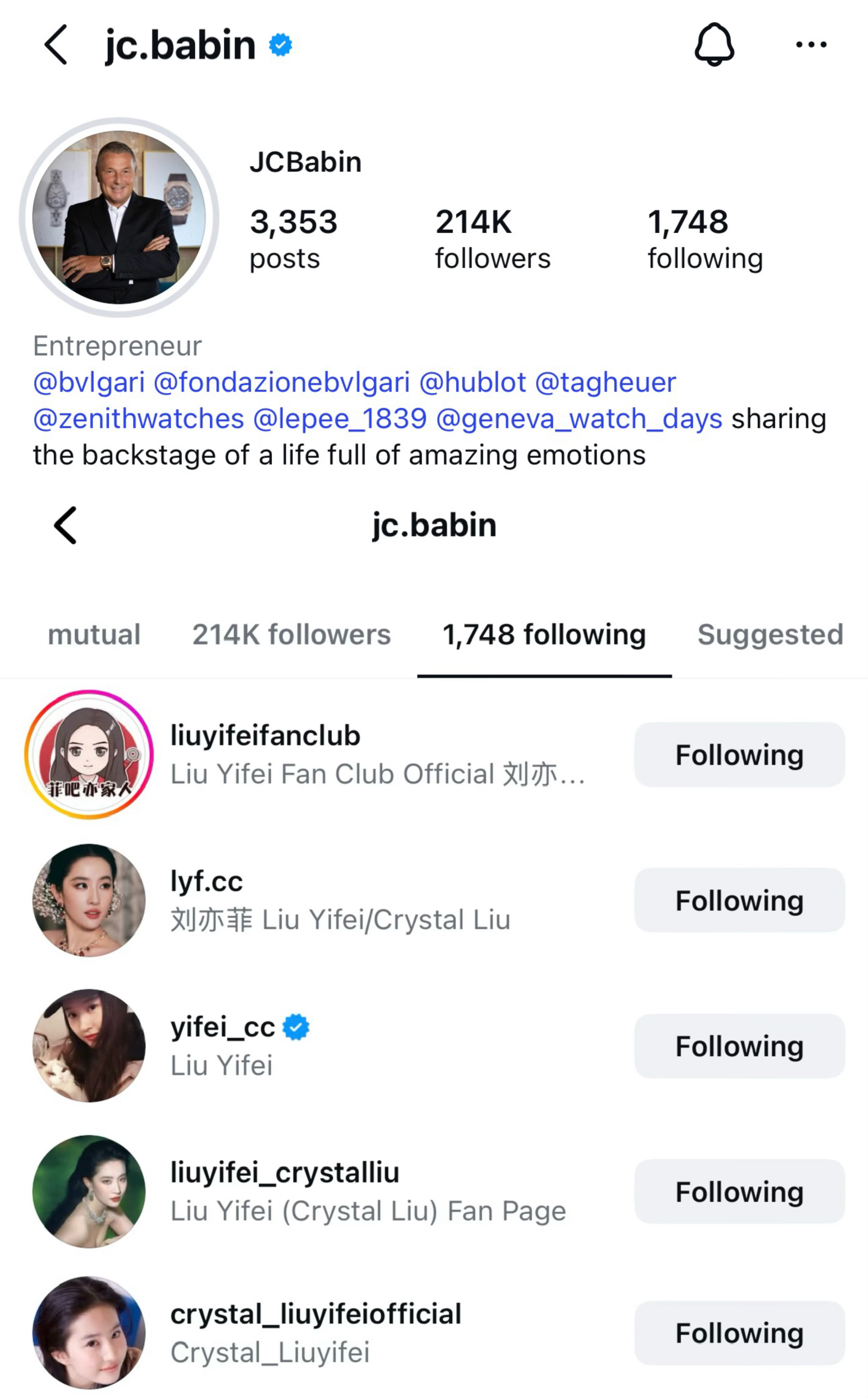 宝格丽董事会主席JC Babin在Ins关注的仙粉不完全统计，除了菲吧其他应该都