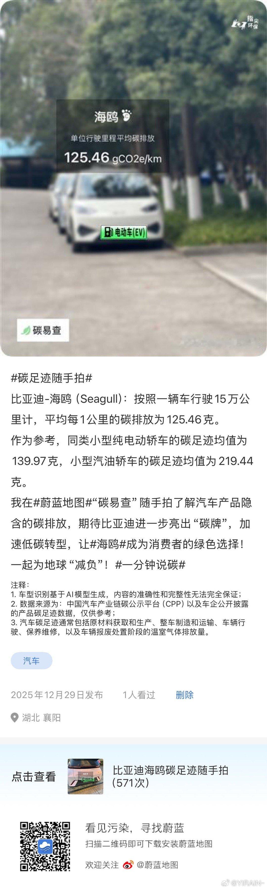 碳足迹随手拍比亚迪-海鸥（Seagull）：按照一辆车行驶15万公里计，平均每1