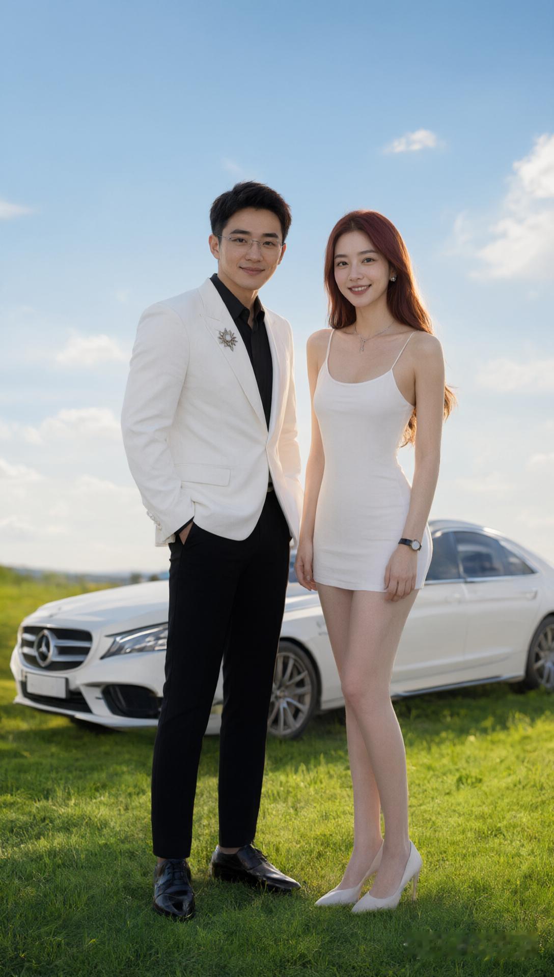 草坪婚纱照 奔驰轿车 浪漫写真
