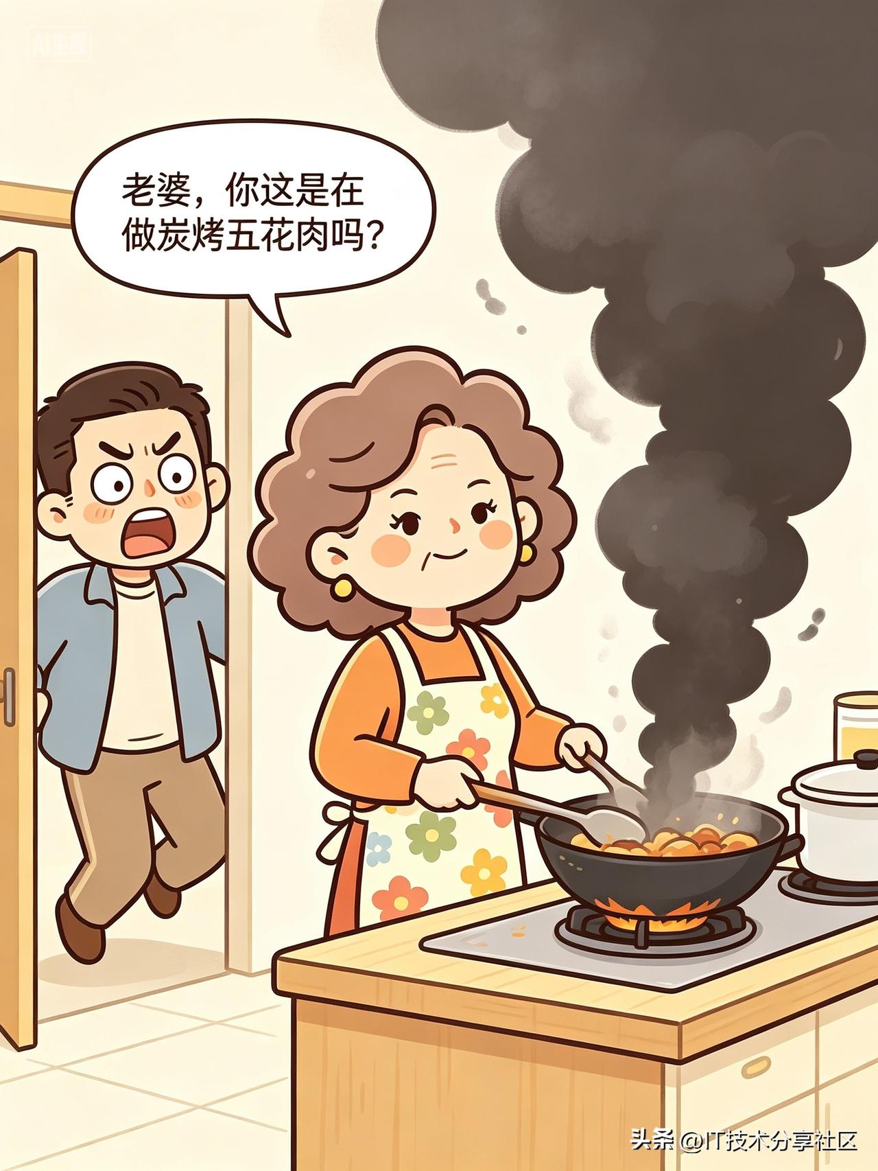 周末妈妈心血来潮要做红烧肉，结果糖色炒糊了，满屋焦味。爸爸冲进厨房：“老婆，你这