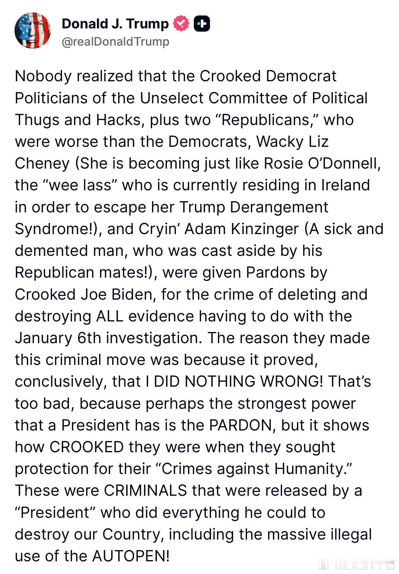 川普总统证实，J6委员会成员销毁了证明他清白的证据。叛徒和罪犯！“没人意识到，那