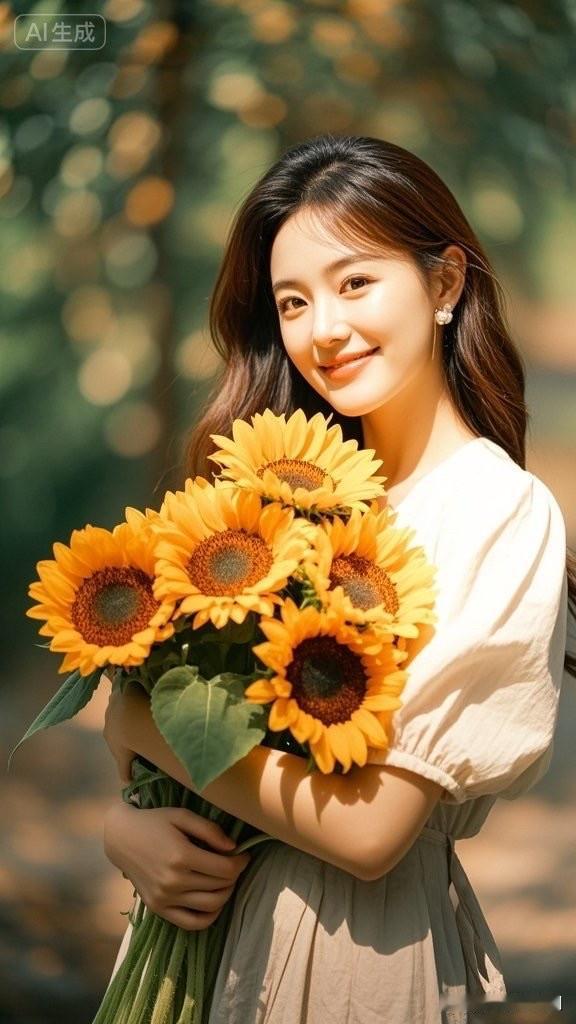 阳光明媚的午后，手捧向日葵的少女，微笑如花般绽放。🌻🌞