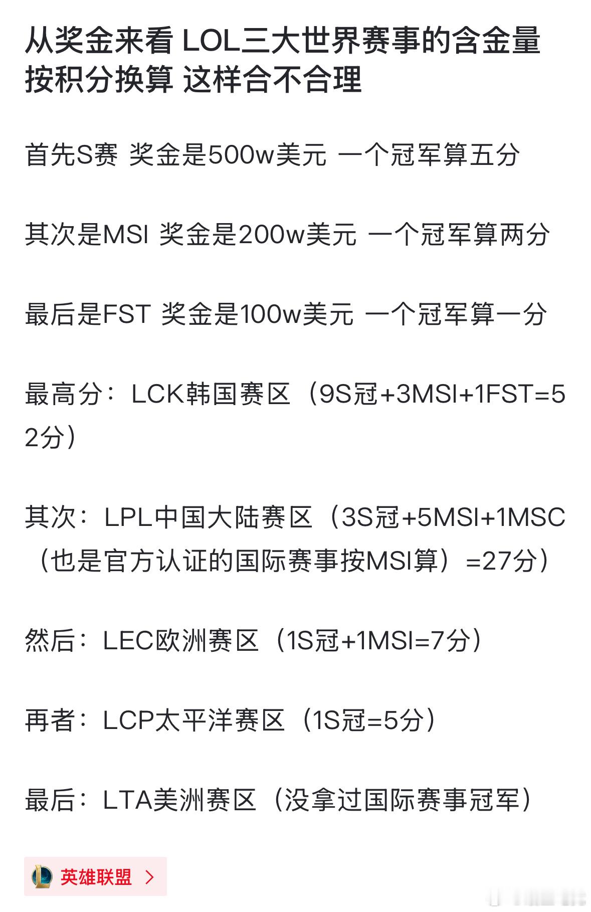 LOL选手奖金榜更新网友热议：从奖金来看 LOL三大世界赛事的含金量 按积分换算