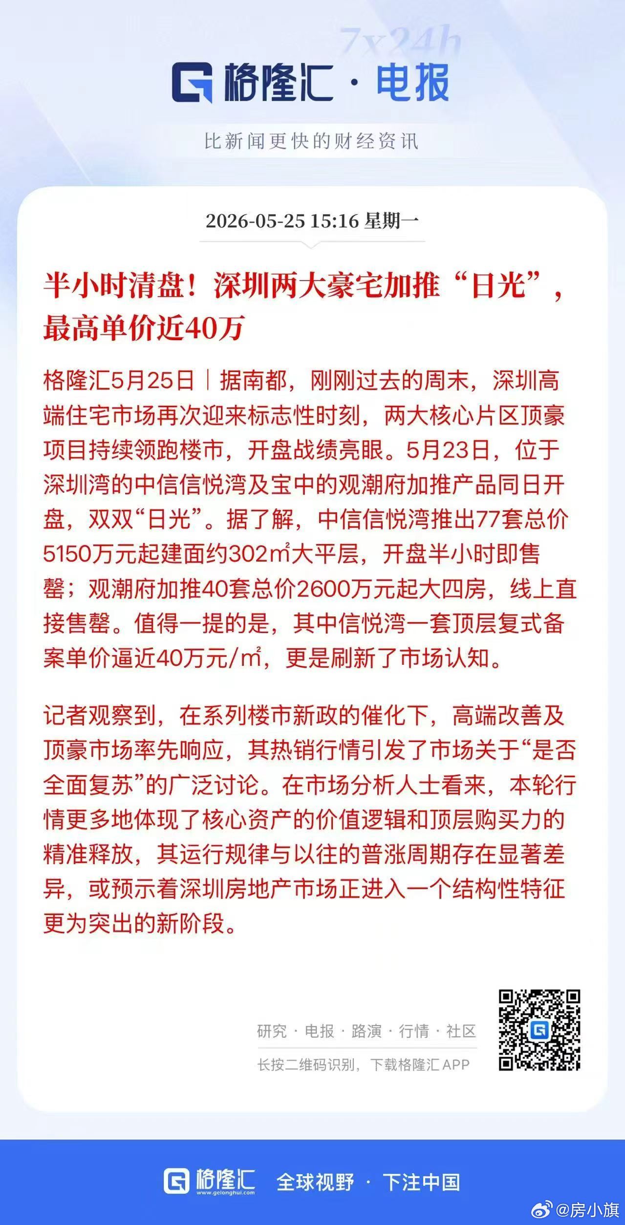 特大重磅！半小时清盘！深圳两大豪宅加推“日光”最高单价近40万 