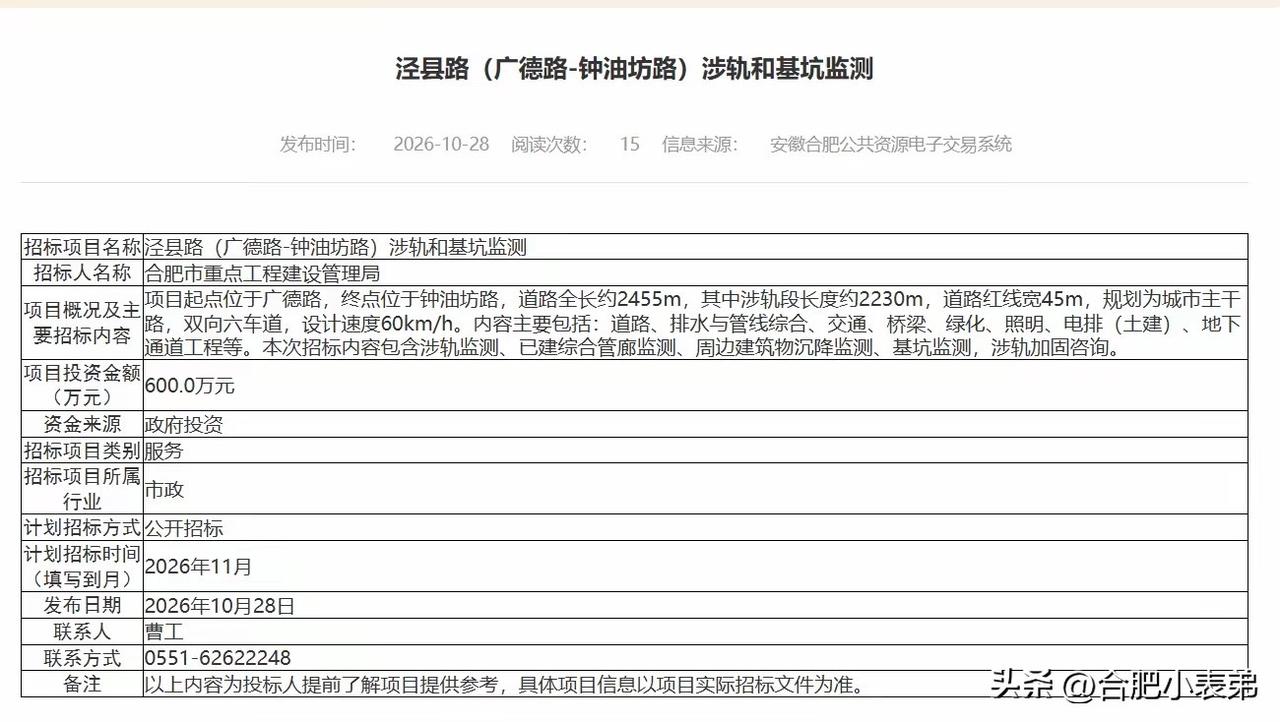 项目起于合肥东部新中心广德路，终点抵达钟油坊路，道路全长约2455米，涉轨段就有