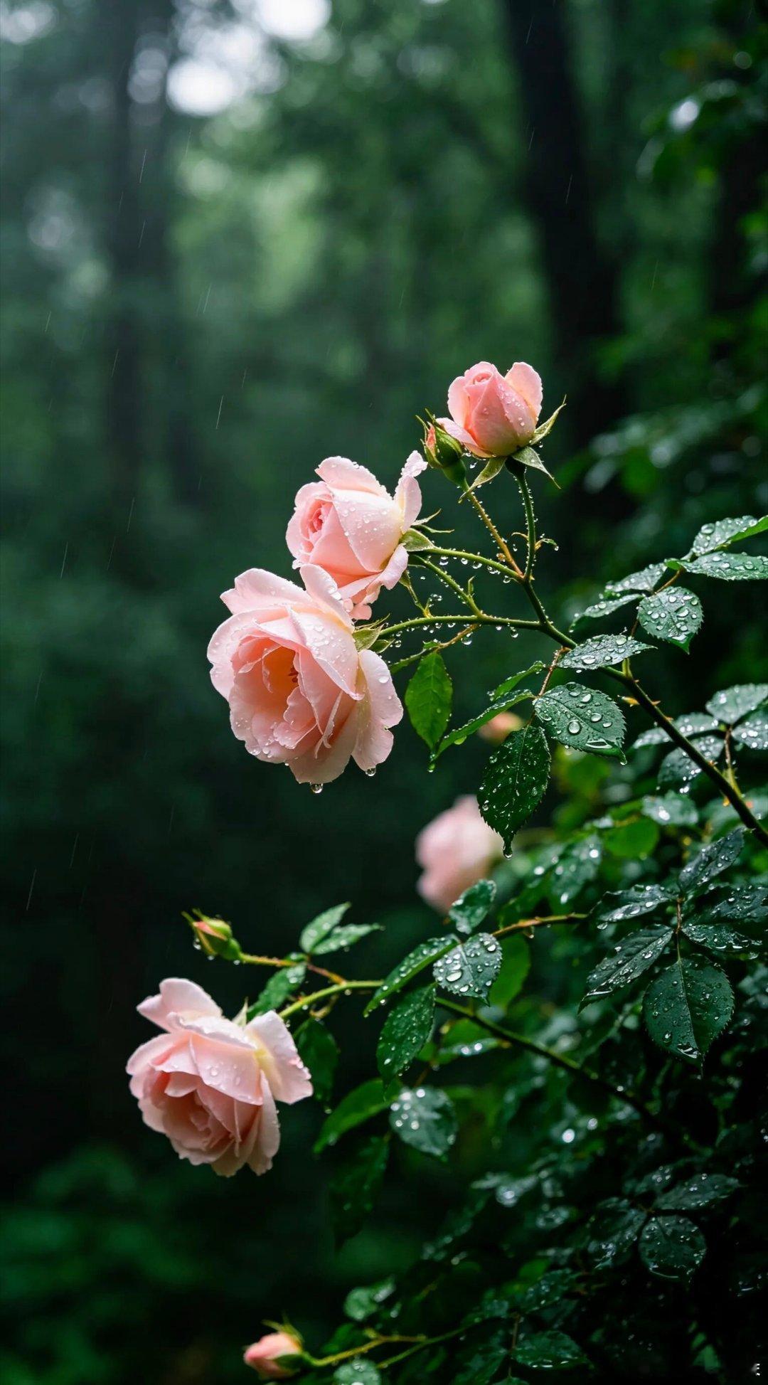 林间雨润粉色月季精美壁纸 ​​​