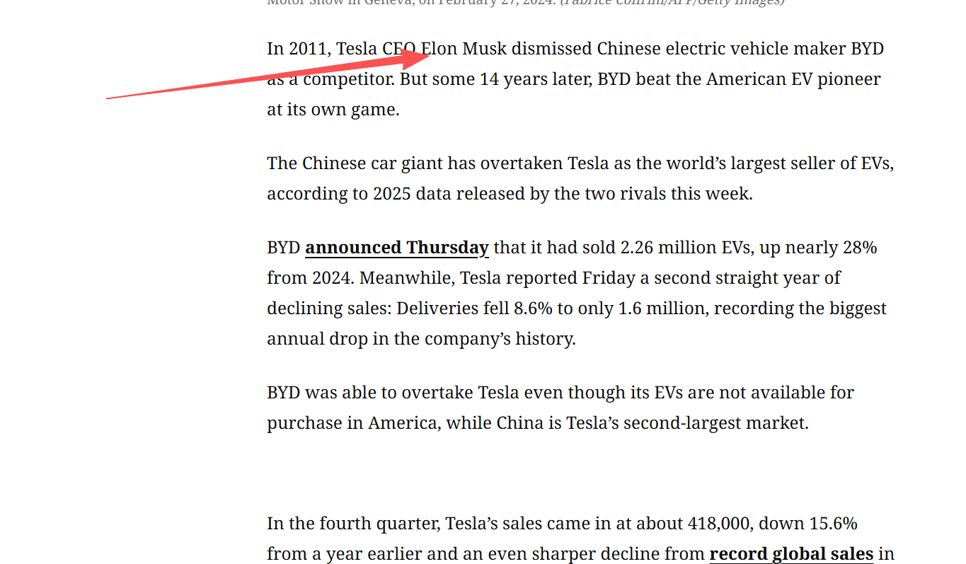 美国CNN 2026年开年给了比亚迪如此高平价——事实上，美国人也必须承认特斯拉