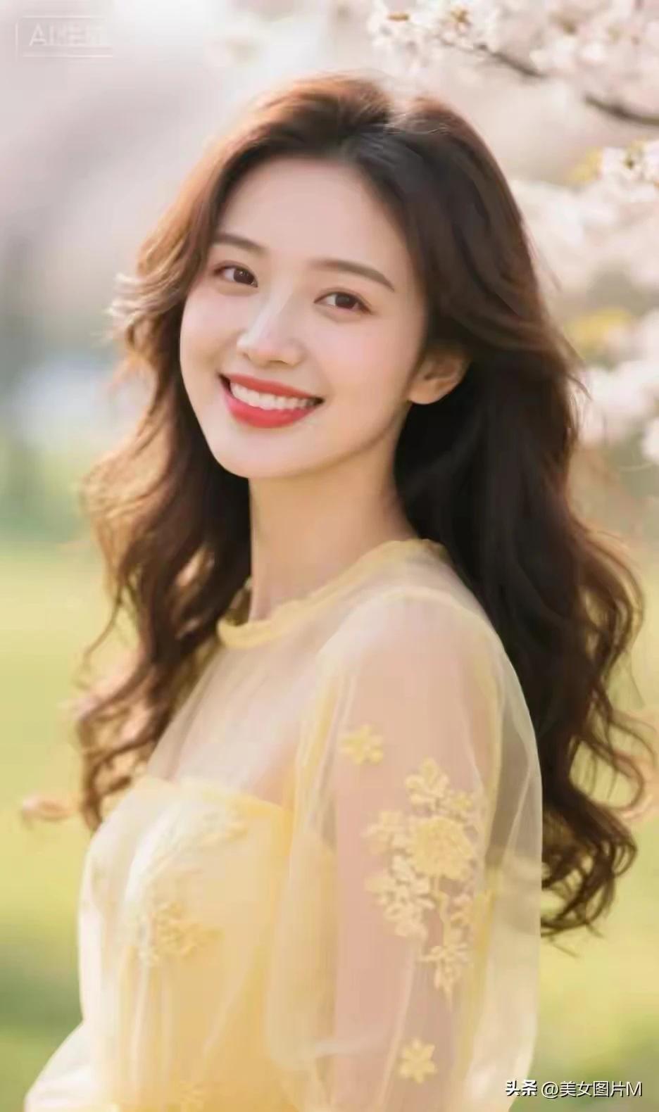 东方佳丽 ，浅笑嫣然。
眉清目秀，美若冠玉。
现代美女，米黄花衫 。
色泽鲜艳，