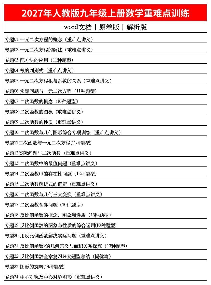 人教版九上数学重难点训练，原卷版➕解析版。
2027年人教版九年级上册数学重难点