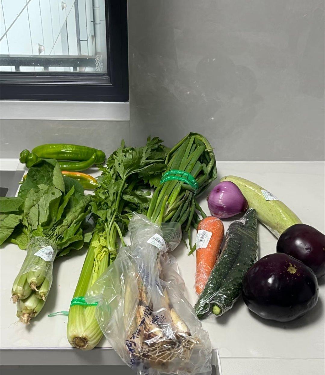 日常！抽空采购了满满一车新鲜食材，芹菜、青椒、茄子各类蔬菜整齐码好，细心收纳进冰