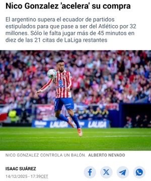 🚨🇦🇷根据《马卡报》的这篇文章，冈萨雷斯需要在马德里竞技剩余的 15 场西