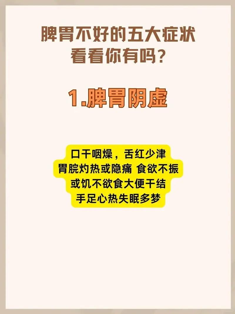 脾胃好不好，看这五大症状！




1.脾胃阴虚 


2.脾胃火旺 


3.