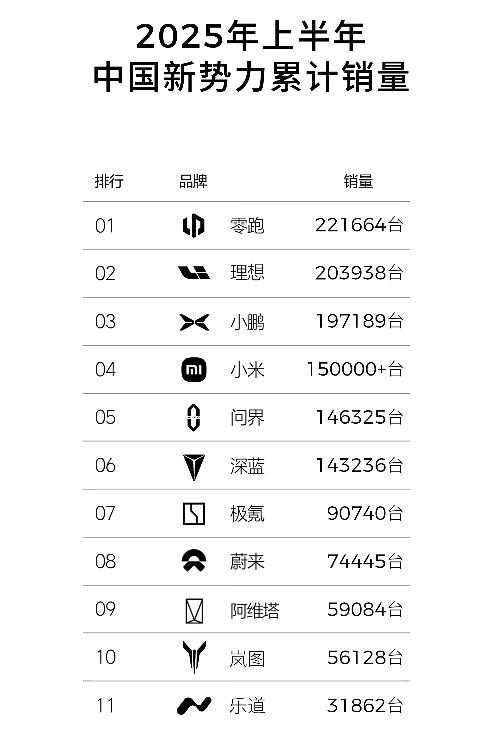 2025年上半年中国新势力累计销量，数据来源各家自己发布的数字，零跑上半年卖出了