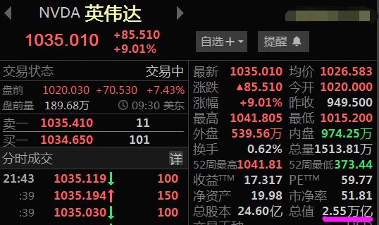 英伟达业绩爆表，今晚在美股跳空高开大涨9%，股价突破1000元，市值达到2.55