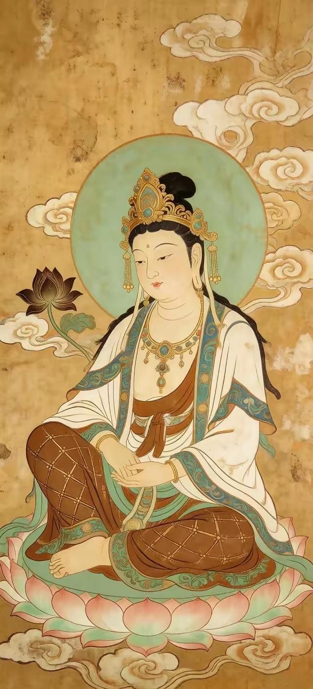 手机壁纸～莲台座上，宝相庄严，祥云缭绕间尽是慈悲与安宁，每一笔都绘着东方信仰里的