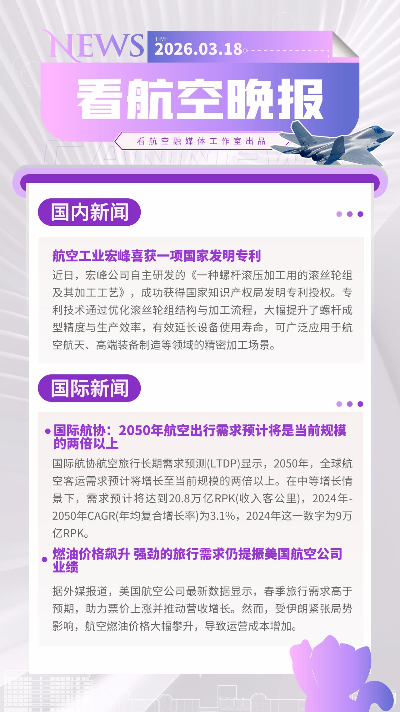 3.18晚报
航空工业宏峰喜获一项国家发明专利
国际航协：2050年航空出行需求