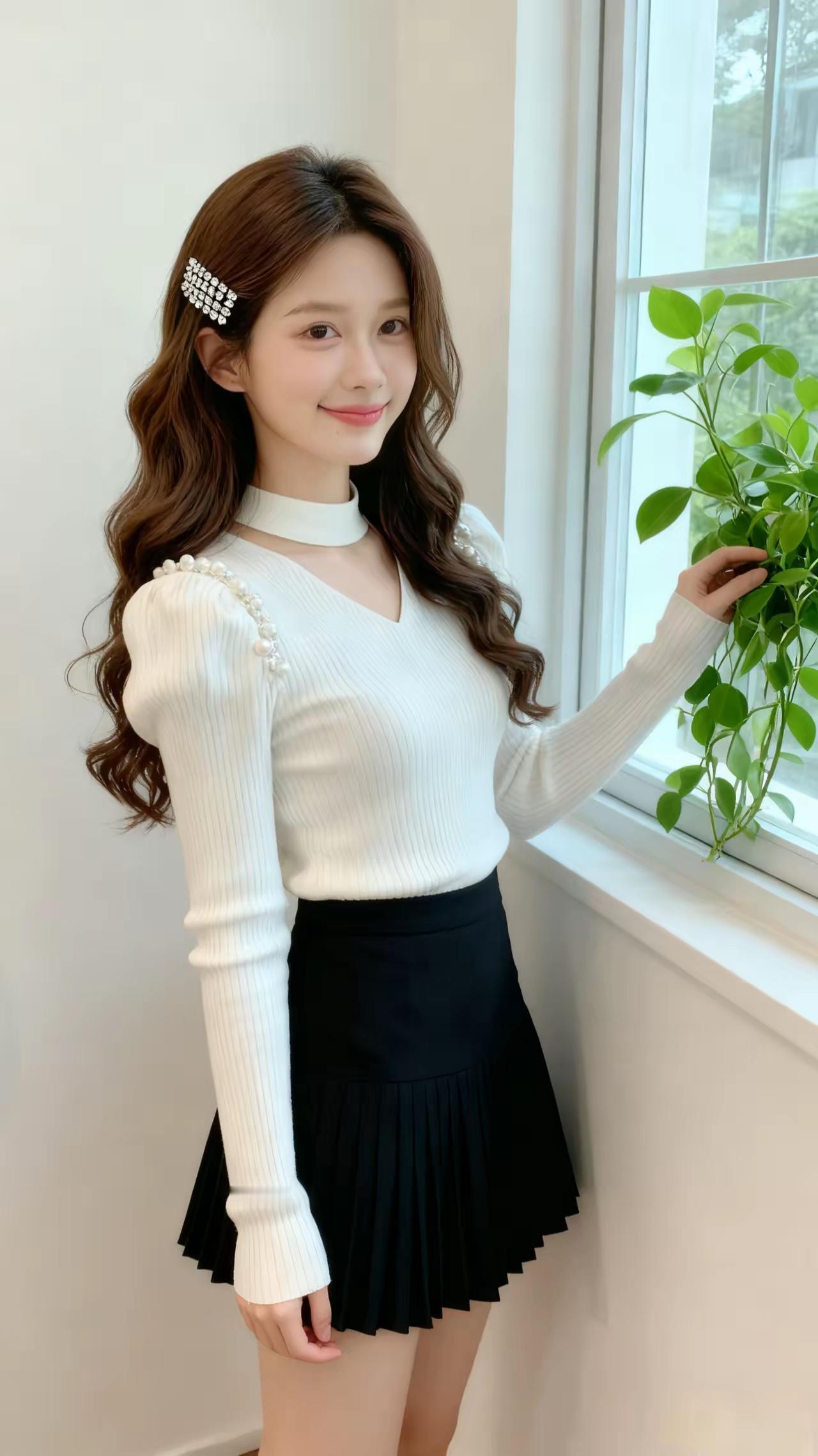 甜美少女风穿搭，白色毛衣+黑色百褶裙，清新自然！