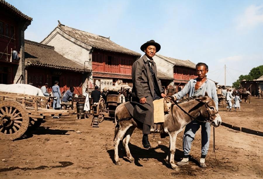 1920年9月18日，西直门外的街市上，行人往来，赵元任头戴礼帽、身着长款大衣与