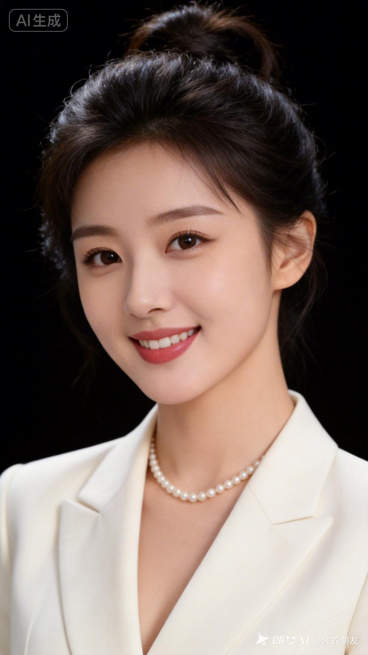 优雅职场风，珍珠项链搭配白色西装，自信微笑，魅力无限！