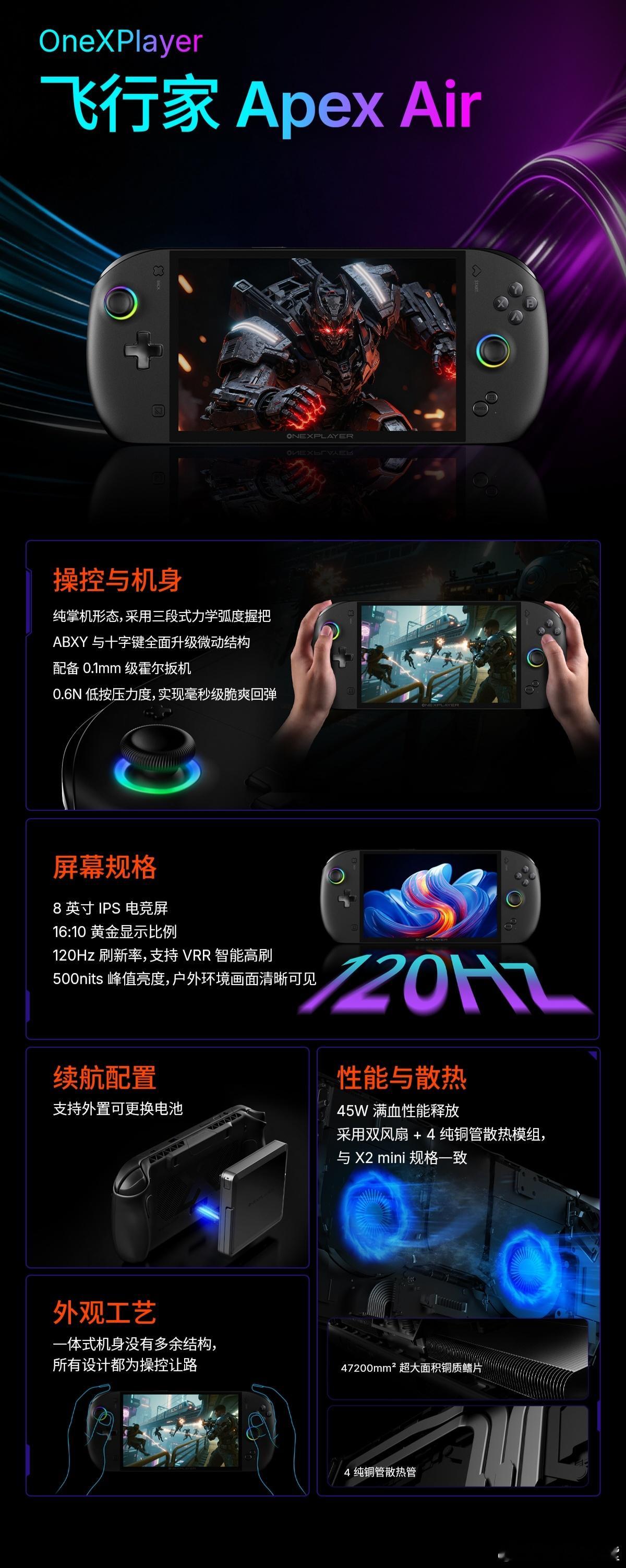 专门为硬核玩家量身打造的一体式游戏掌机来了——飞行家Apex Air！8英寸12