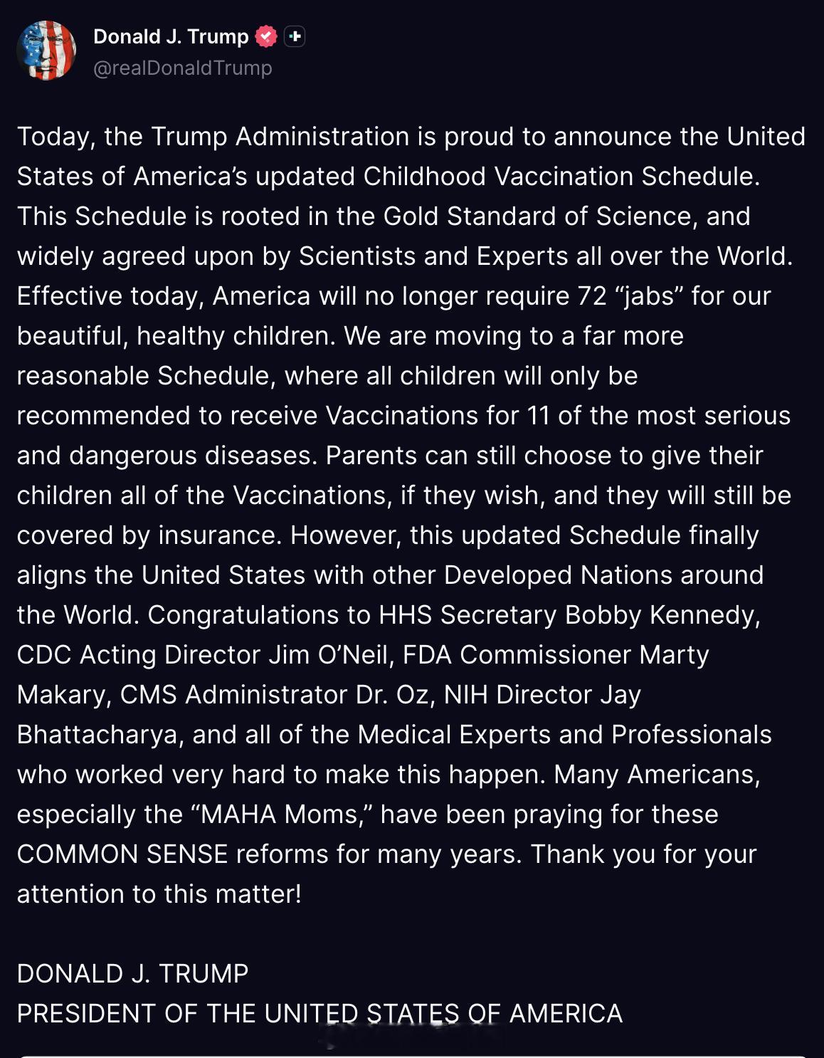川普：“今天，川普政府非常自豪地宣布，美国正式更新了儿童疫苗接种时间表。这套新方