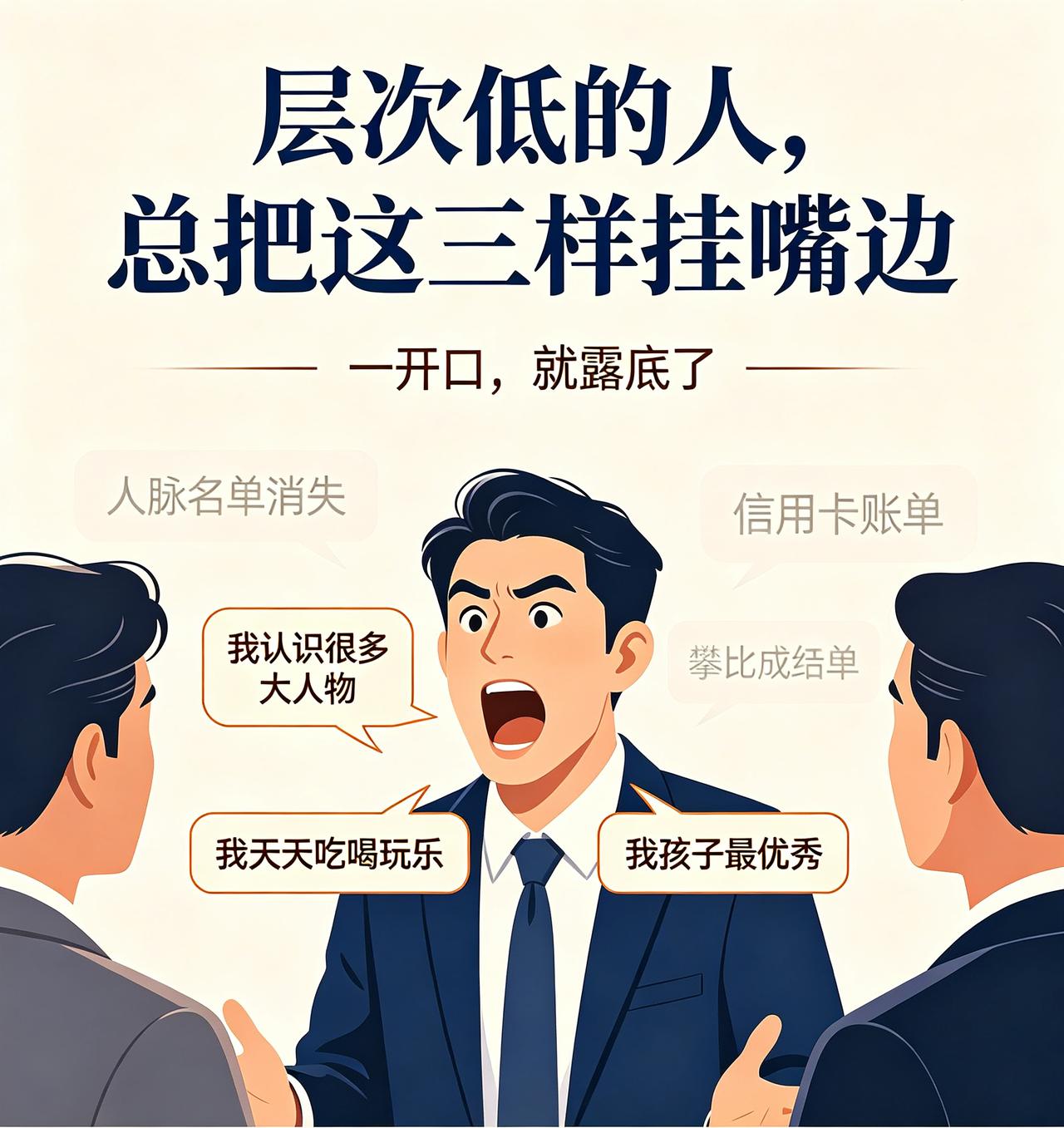 层次低的人，
总把这三样挂嘴边，
一开口就露底！
 
生活里接触人多了，慢慢发现