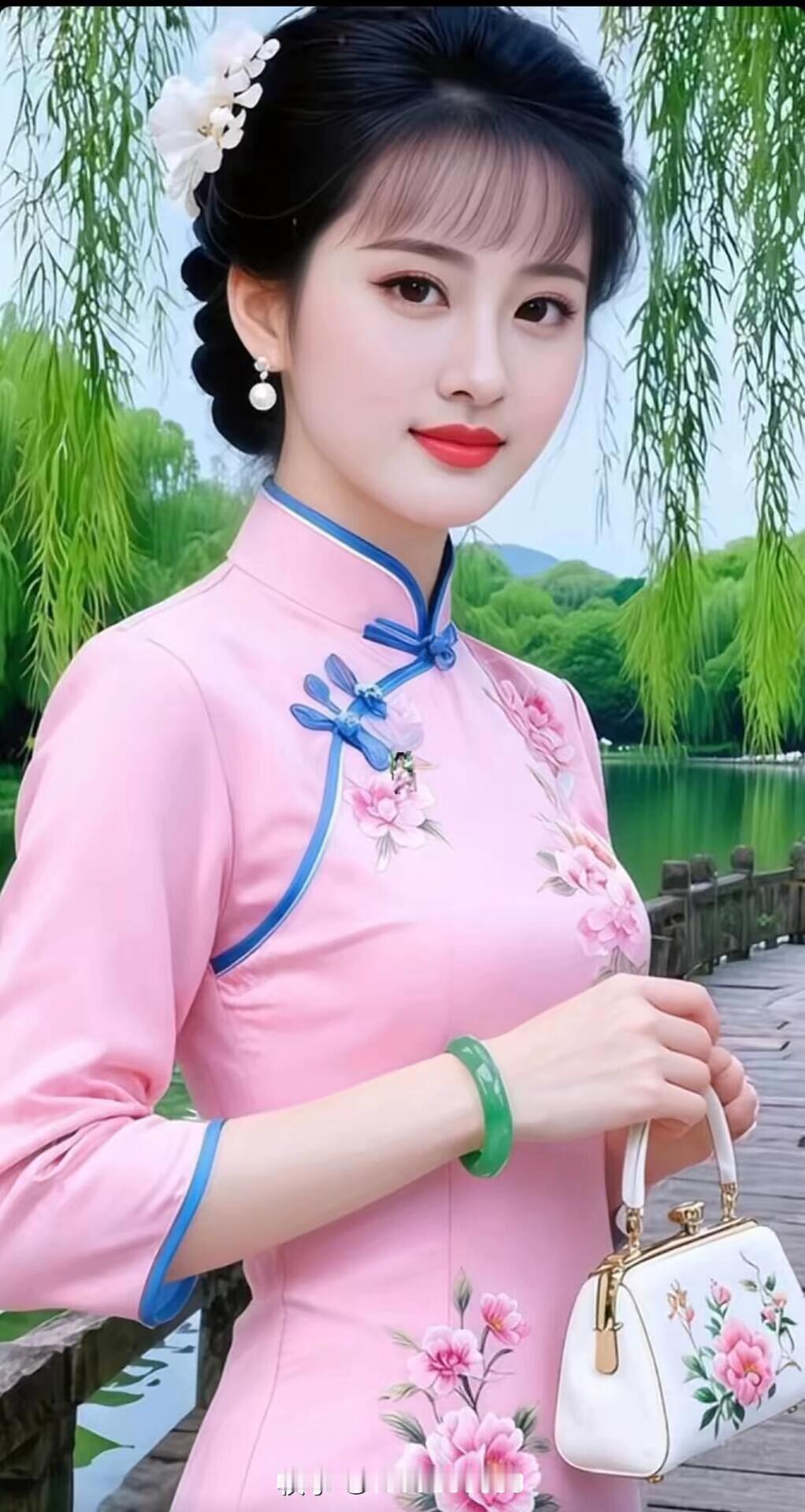 粉色旗袍少女，绿意盎然背景，优雅气质满满