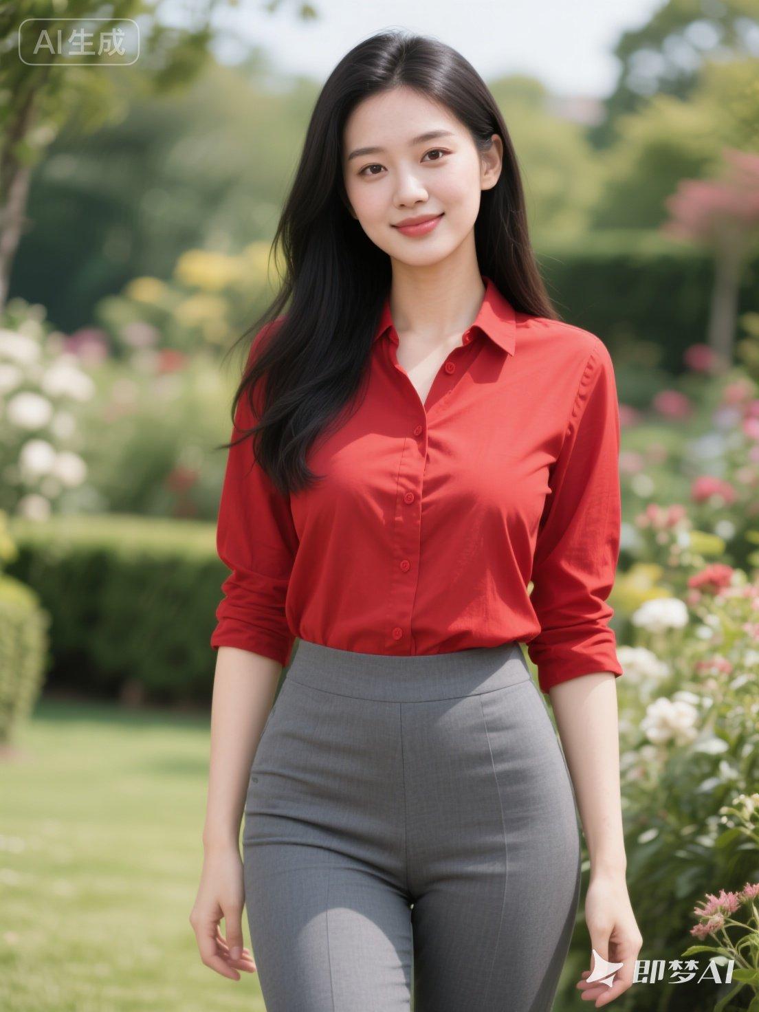一个穿红衬衫的姑娘站在花园里。